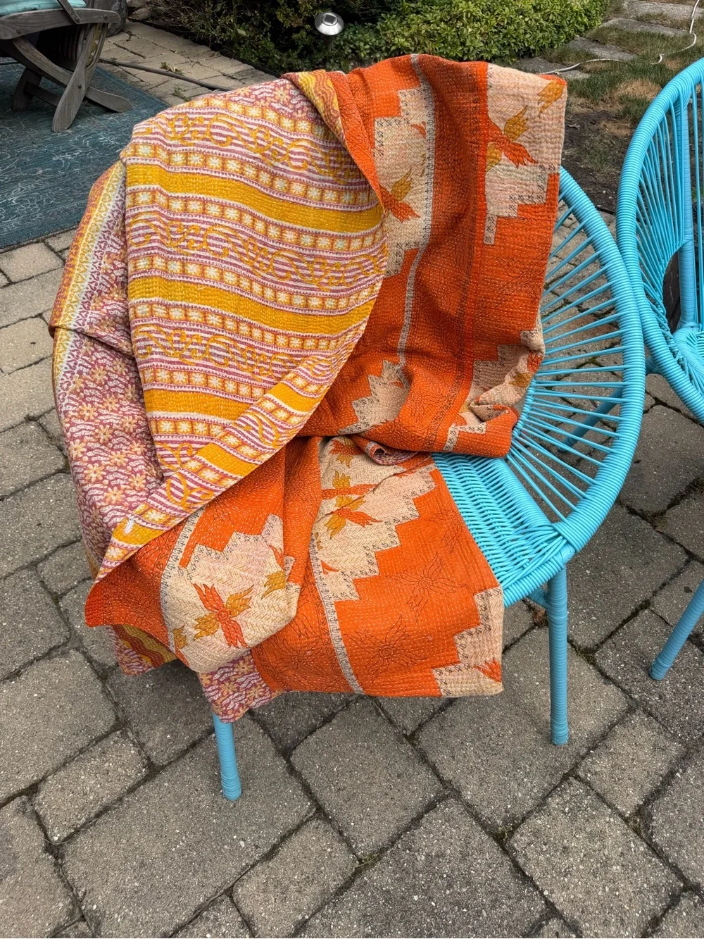 Vintage Indian Kantha Quilt Reversible Cotton Boho Throw Blanket – Orange & Gold
